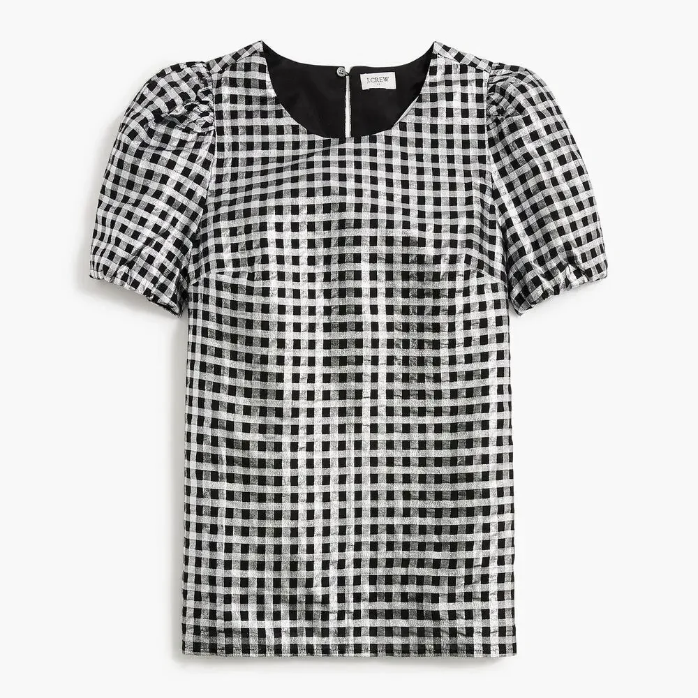 J. Crew Metallic Gingham Puff-Sleeve Blouse Top Black White Womens Size XXL NWT